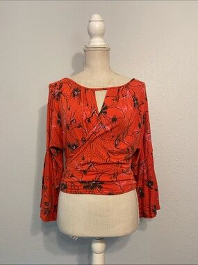 Free People Orange & Black Floral Print Last Time Bell Sleeve Crop Blouse Sz S